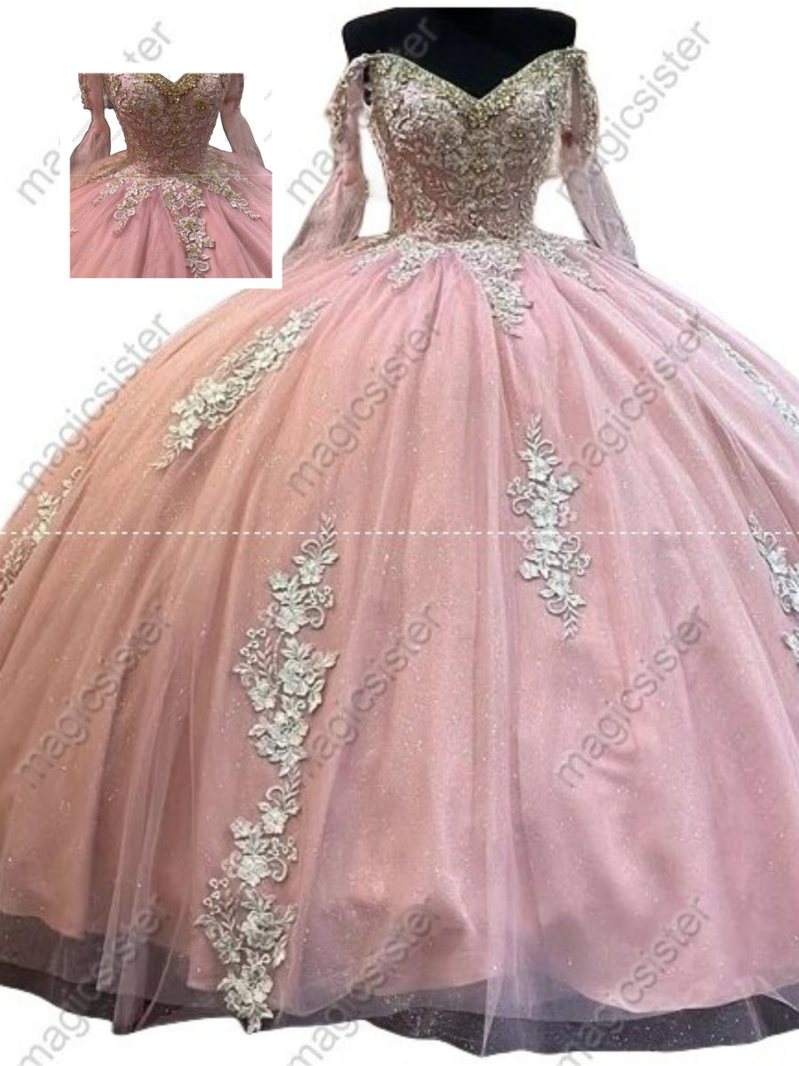 Long Sleeve Jeweled Embroidered Pink Quinceanera Ball Gown