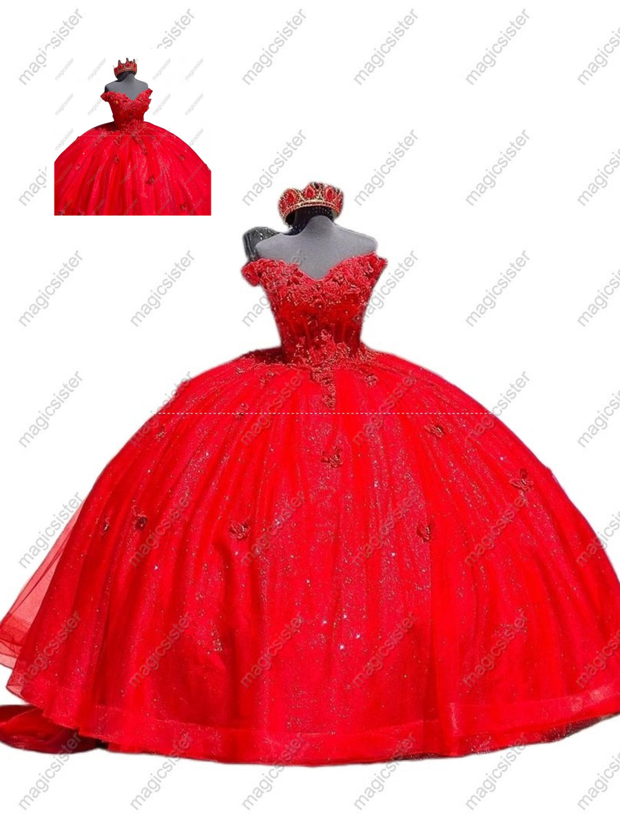 3D Butterfly Embroidered Bright Red Quinceanera Ball Gown