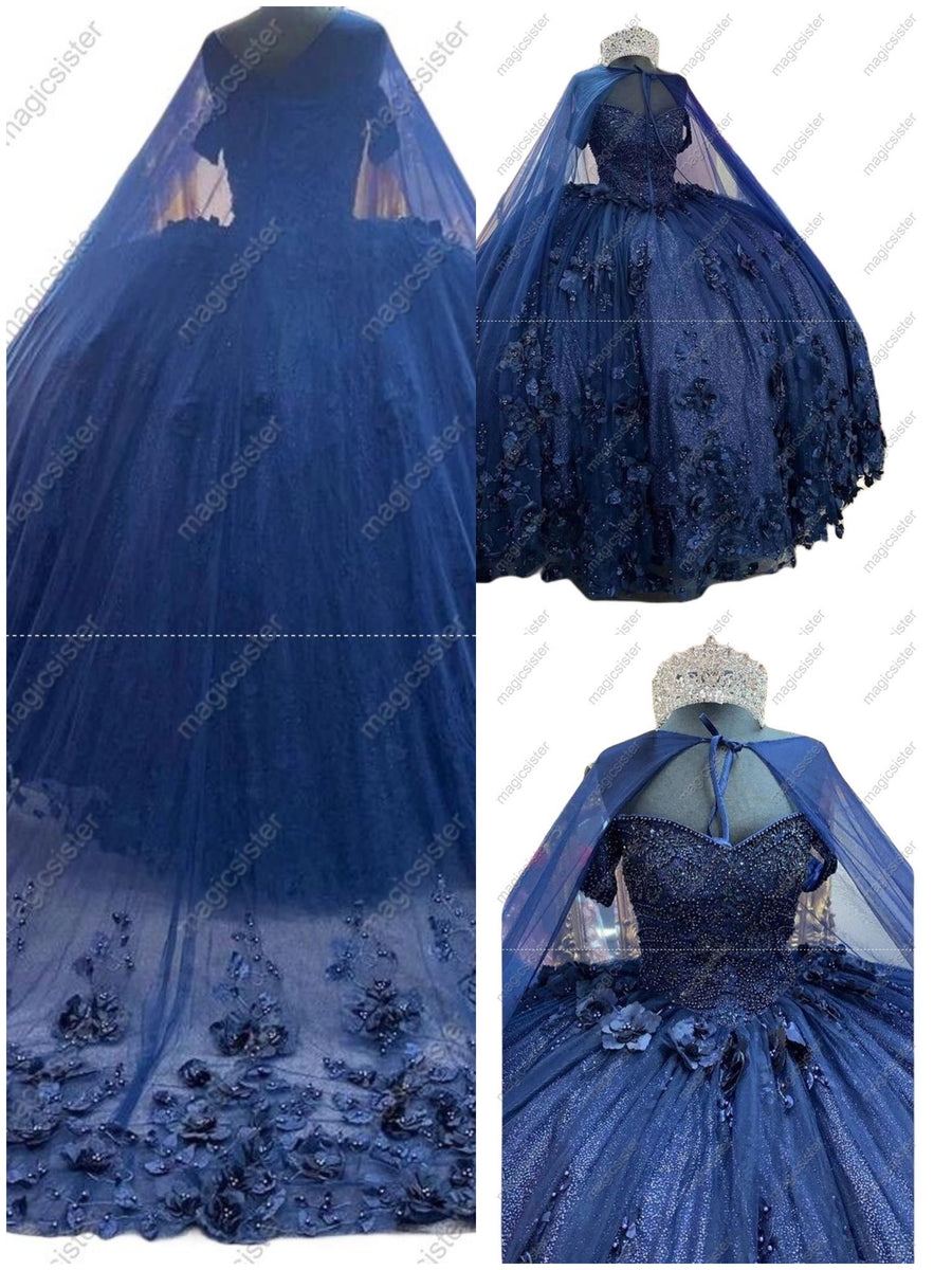 Flower Beaded Draping Cape Quinceanera Ball Gown