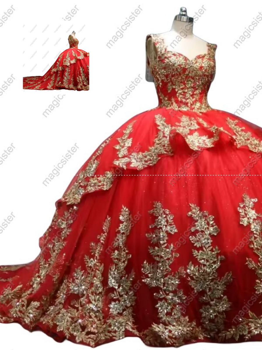 Embroidered Accented Layered Long Train Quinceanera Ball Gown