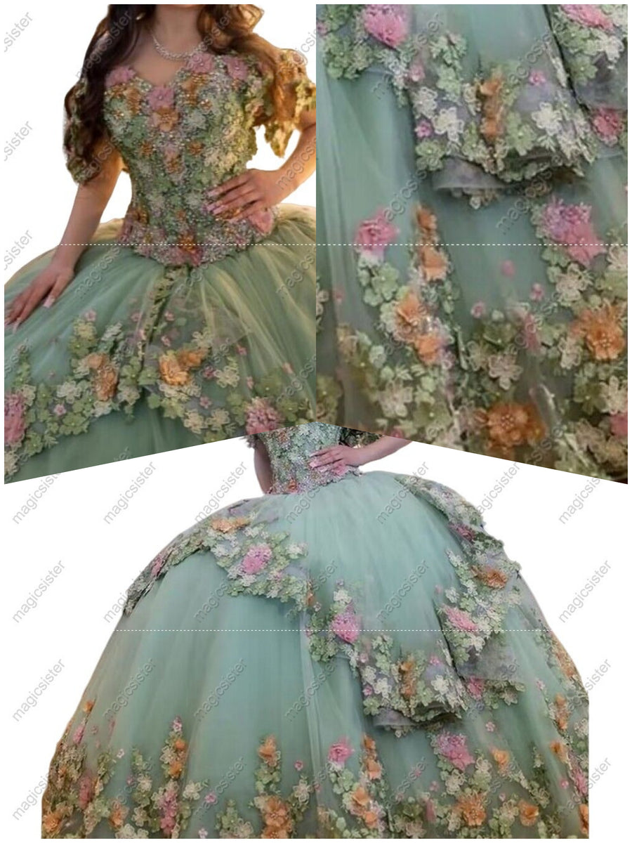 Charming Layered Sage Pink Floral Quinceanera Ball Gown