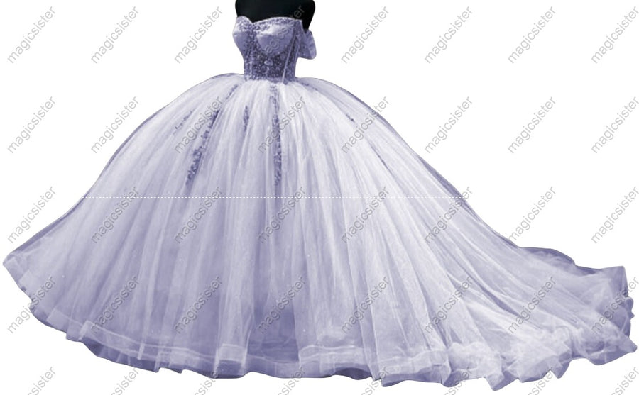Tulle Layered Long Train Lace Quinceanera Ball Gown