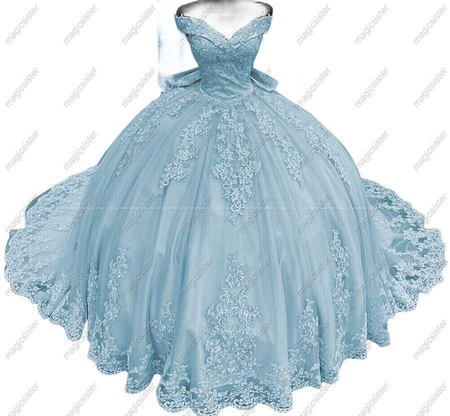 Sweetheart Lace Long Train Bow Quinceanera Ball Gown