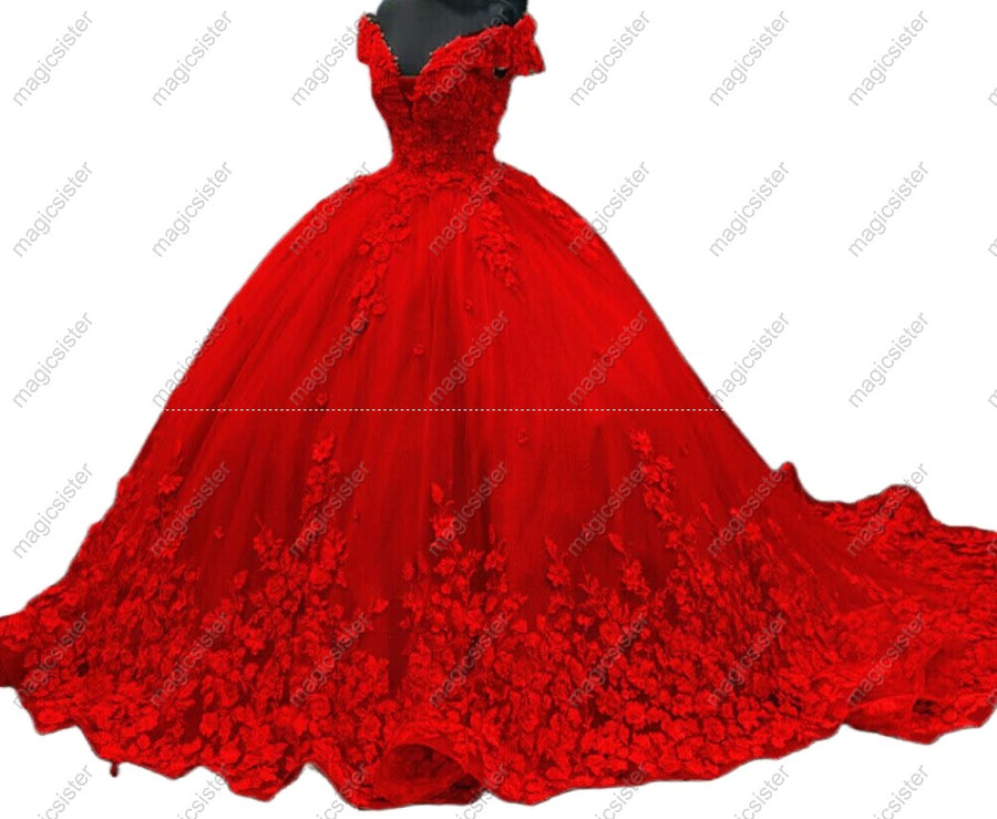 Sweetheart Plunging Long Train Floral Lace Quinceanera Ball Gown