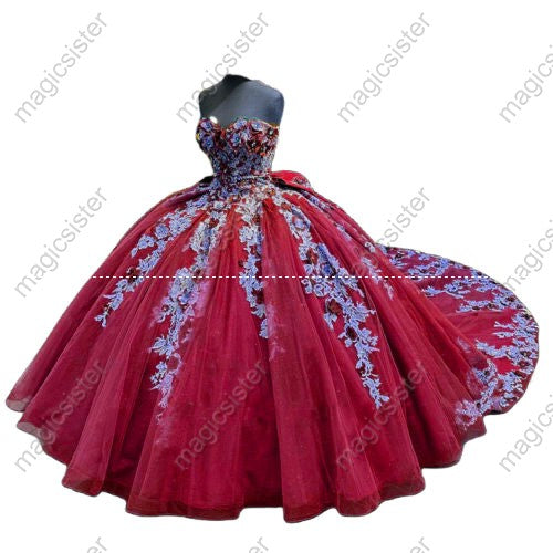 Lace Strapless Long Train Quinceanera Ball Gown