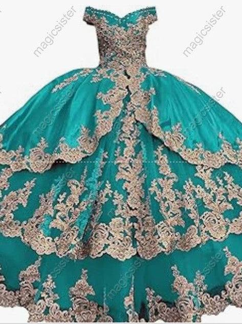 Embroidered Charro Layered Quinceanera Ball Gown Royal Blue / 14