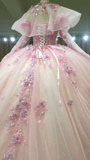 3D-Floral Long Sleeve Laced Back Tulle Capped Quinceanera Ball Gown