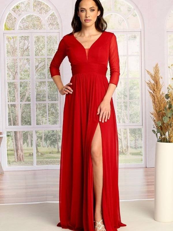 Ladies Elegant Long Sleeve V-Neck High Empire Waist Dress Rust / S Ladies Elegant Long Sleeve V-Neck High Empire Waist Dress Rust / S