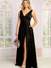 Ladies V-Neck Gown Parted Pocketed Skirt Classy Elegant Prom Dress Green / L Ladies V-Neck Gown Parted Pocketed Skirt Classy Elegant Prom Dress Green / L