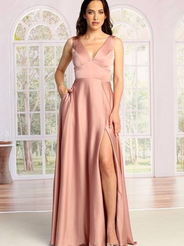 Ladies V-Neck Gown Parted Pocketed Skirt Classy Elegant Prom Dress Green / L Ladies V-Neck Gown Parted Pocketed Skirt Classy Elegant Prom Dress Green / L