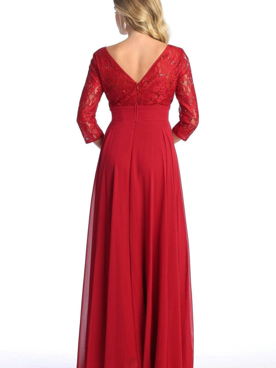 Elegant 3/4 Sleeve Lace Bodice Empire Waist Formal Gown La Estrellita Fashion Elegant 3/4 Sleeve Lace Bodice Empire Waist Formal Gown La Estrellita Fashion