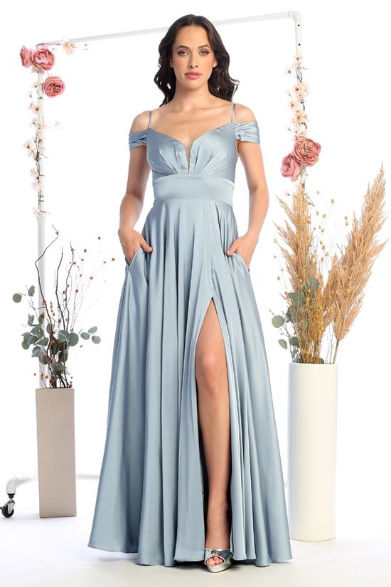 Strapped Off The Shoulder Dual Bridesmaid Dress With Slit