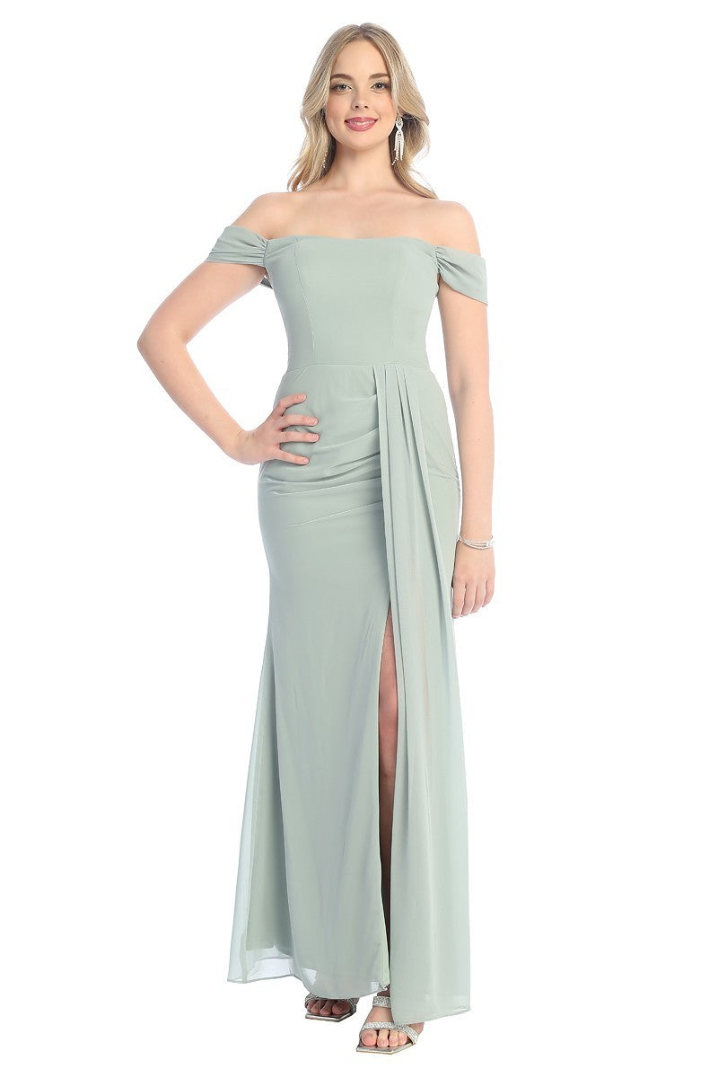 Off The Shoulder Layered Ruched Parted Skirt Prom Dress