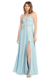 Shimmer A-Line Prom Dress with Corset Bodice & High Slit