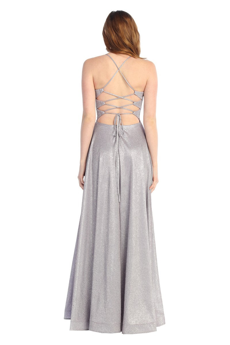 Shimmer A-Line Prom Dress with Corset Bodice & High Slit