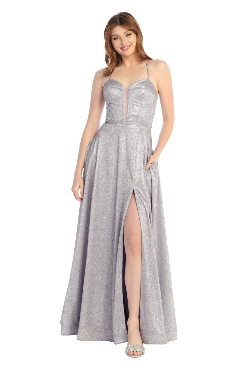 Shimmer A-Line Prom Dress with Corset Bodice & High Slit