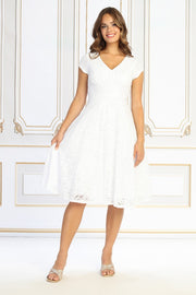 Lace V-Neck Midi Dress with Cap Sleeves & Empire Waist – Elegant White Occasion Dress