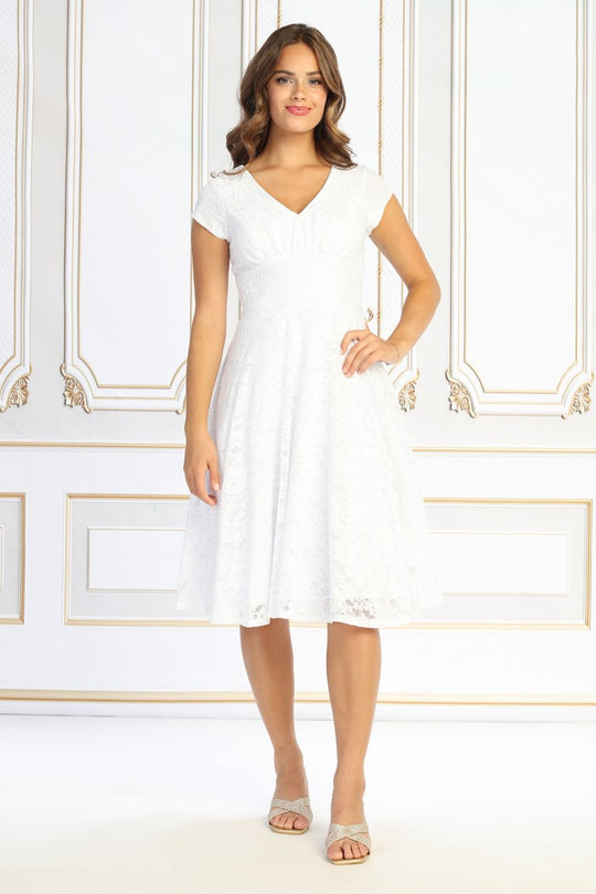 Lace V-Neck Midi Dress with Cap Sleeves & Empire Waist – Elegant White Occasion Dress