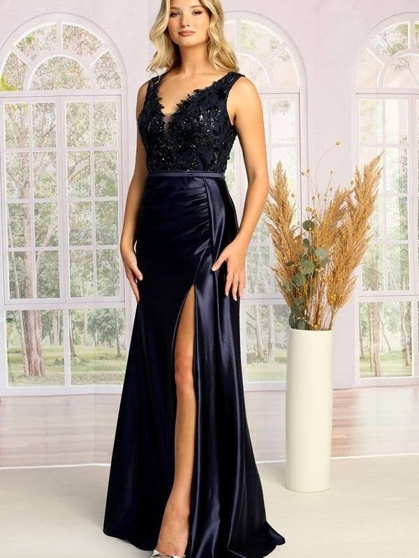 Lace Sequin A line Empire Waist Satin Embroidered Offset Skirt Formal Gown Navy Blue / L Lace Sequin A line Empire Waist Satin Embroidered Offset Skirt Formal Gown Navy Blue / L