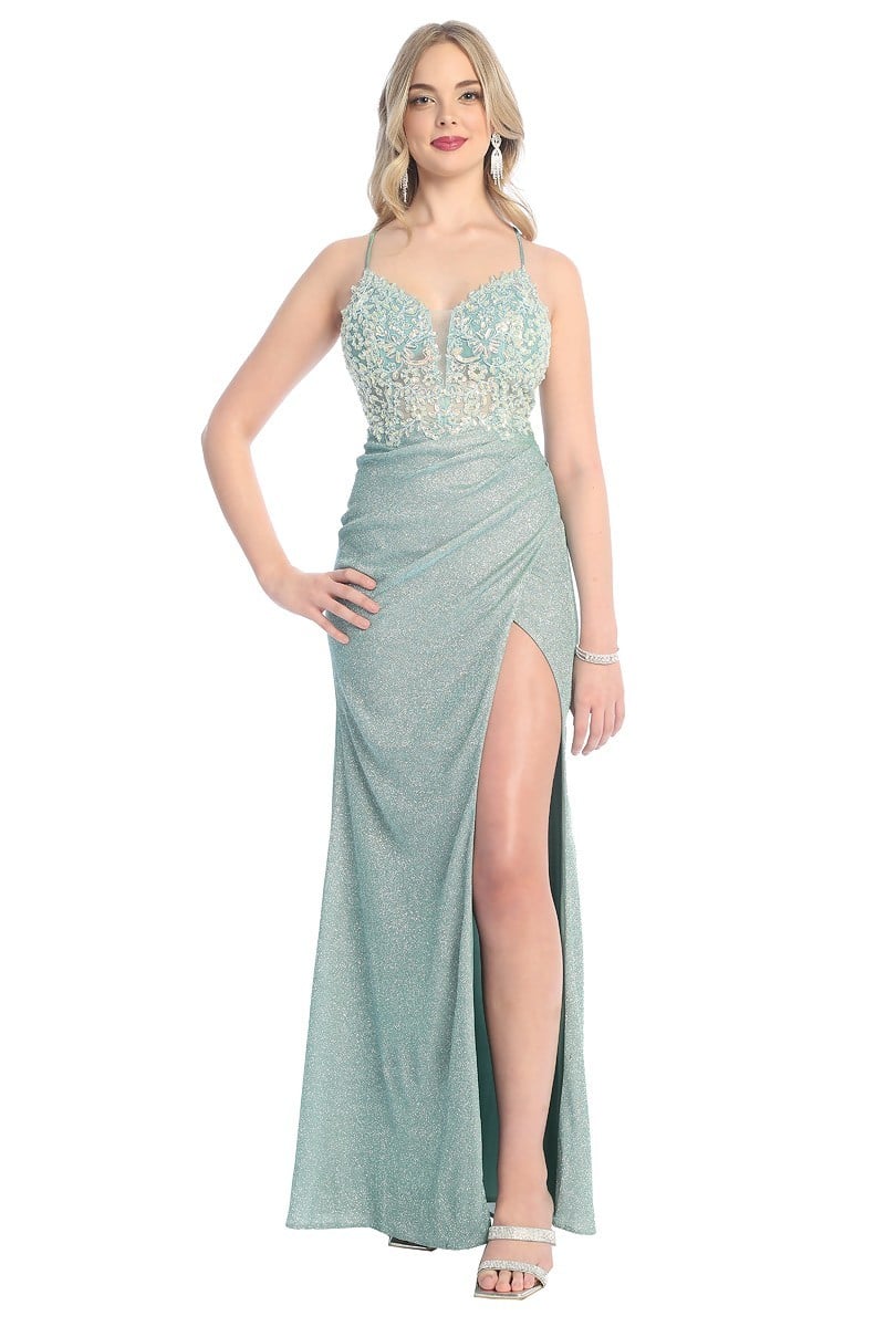 Sequin Embroidered Illusion Full Length Back Corset Prom Dress