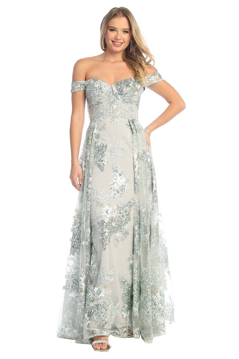 Off The Shoulder Floral Aesthetic Lace Full Length Prom Dress