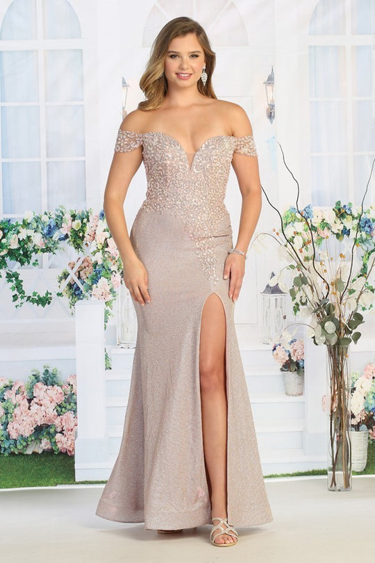 Lace Embroidered Semi Plunging Off The Shoulder Offset Elegant Prom Dress