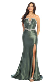 Strapless Rhinestone Corset Prom Gown with Satin Skirt & High Slit
