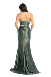 Strapless Rhinestone Corset Prom Gown with Satin Skirt & High Slit