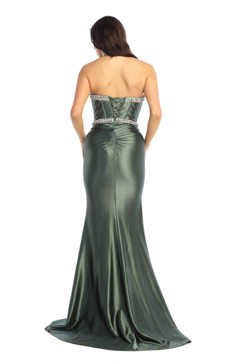 Strapless Rhinestone Corset Prom Gown with Satin Skirt & High Slit