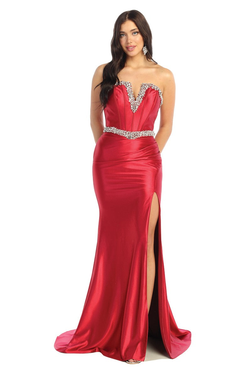 Strapless Rhinestone Corset Prom Gown with Satin Skirt & High Slit