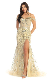 Golden Glam Off-Shoulder Sequin 2026 Prom Gown with Corset Bodice & High Slit