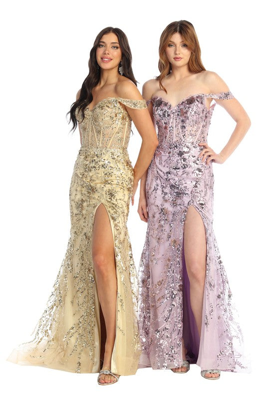 Golden Glam Off-Shoulder Sequin 2026 Prom Gown with Corset Bodice & High Slit