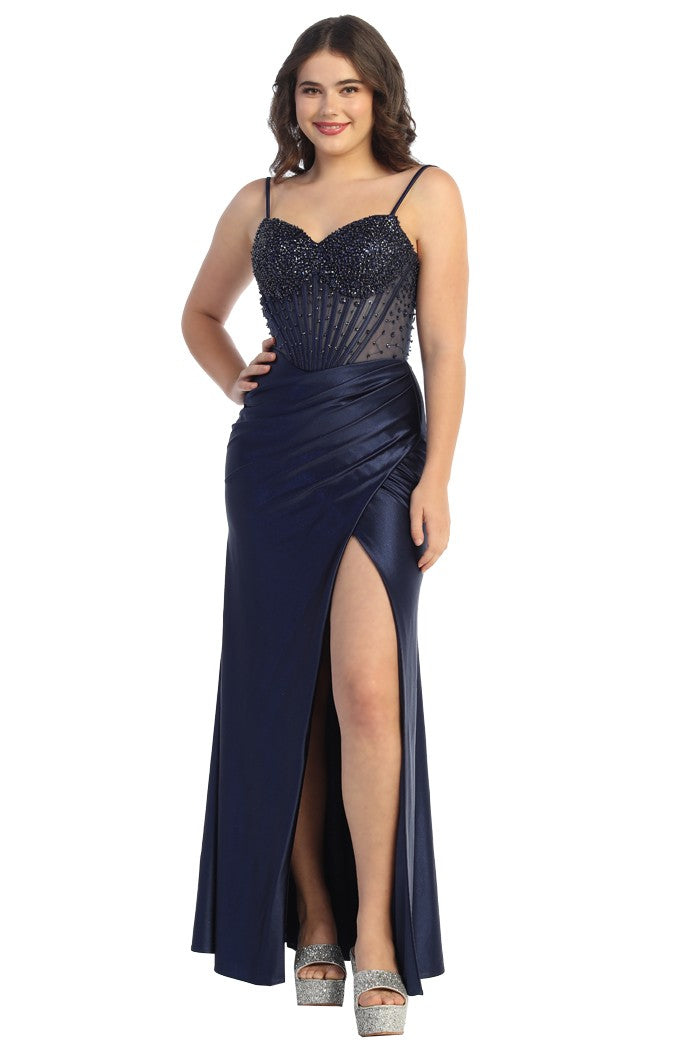 Sheer Corset Satin Prom Gown 2026 with Rhinestone Bodice & High Slit