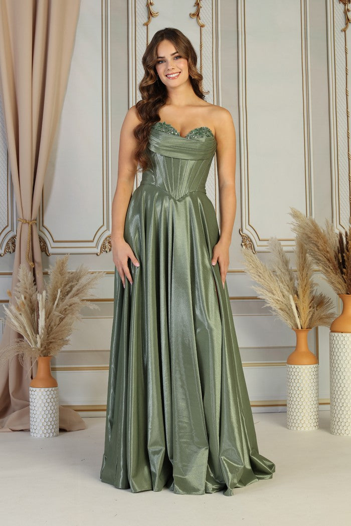 Strapless Corset Satin Ball Gown with Sweetheart Neckline & High Slit