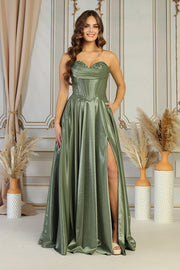 Strapless Corset Satin Ball Gown with Sweetheart Neckline & High Slit