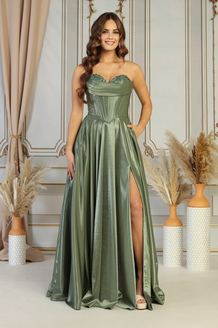 Strapless Corset Satin Ball Gown with Sweetheart Neckline & High Slit