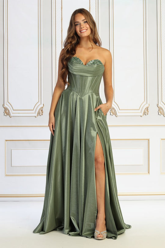 Strapless Corset Satin Ball Gown with Sweetheart Neckline & High Slit