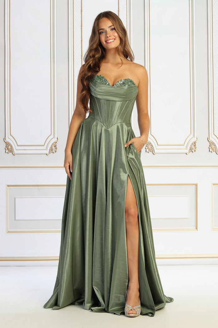 Strapless Corset Satin Ball Gown with Sweetheart Neckline & High Slit