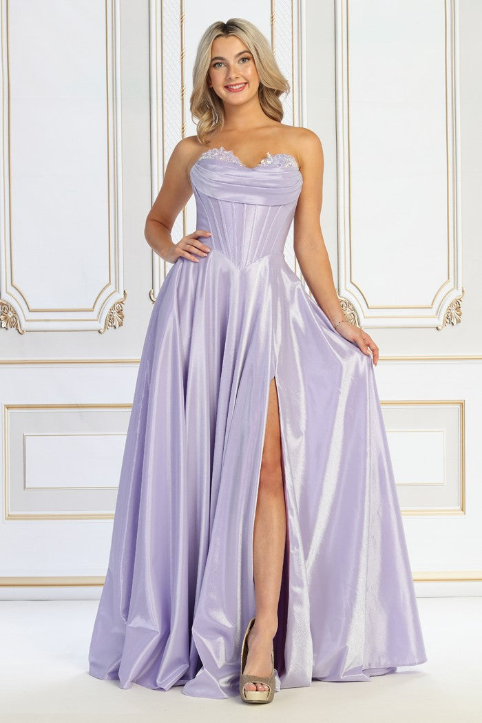 Strapless Corset Satin Ball Gown with Sweetheart Neckline & High Slit