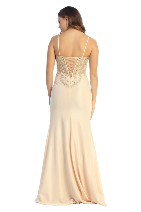 Beaded Corset Prom Gown with Draped Satin Skirt & High Slit