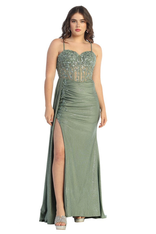 Lace Corset Prom Gown with Embellished Bodice & Ruched Satin Skirt