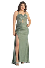 Lace Corset Prom Gown with Embellished Bodice & Ruched Satin Skirt