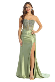 Strapless Rhinestone Corset Prom 2026 Gown with Satin Skirt & High Slit