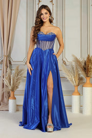 Off-Shoulder Embellished Corset Ball Gown with Tulle Skirt & High Slit