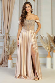 Off-Shoulder Corset Satin Evening Prom 2026 Dress with Rhinestone Bodice & High Slit