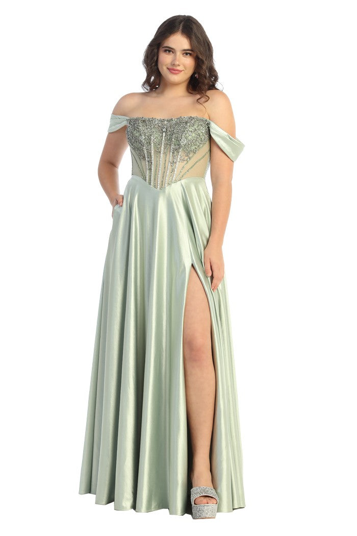 Off-Shoulder Corset Satin Evening Prom 2026 Dress with Rhinestone Bodice & High Slit