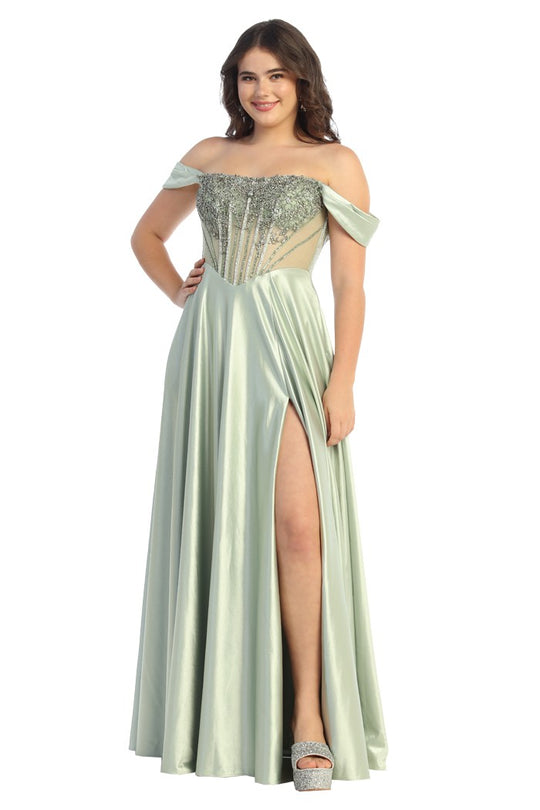Off-Shoulder Corset Satin Evening Prom 2026 Dress with Rhinestone Bodice & High Slit