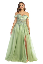 Off-Shoulder Embellished Corset Ball Gown with Tulle Skirt & High Slit