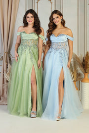 Off-Shoulder Embellished Corset Ball Gown with Tulle Skirt & High Slit