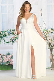 Shimmer Lace A-line Floor Length Offset Plunging Semi Wedding Dress